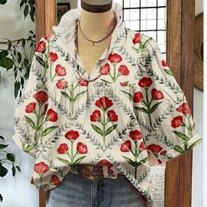 Red Floral Blouse Top Ruffle Neck SHEIN Puff Sleeve XL NWOT Never Worn